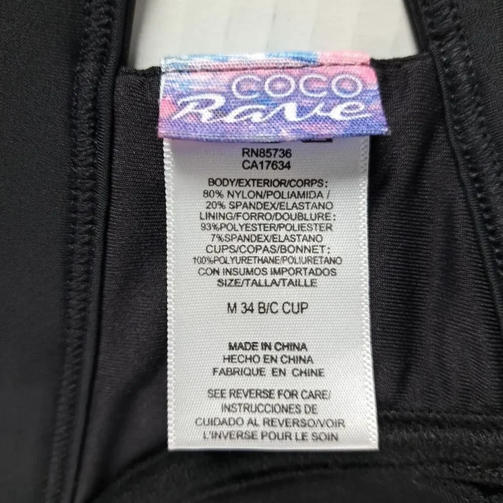 Coco Rave Bikini Swim Top Womens 34 B/C Cup Black Neon Geo Print Underwire Beach